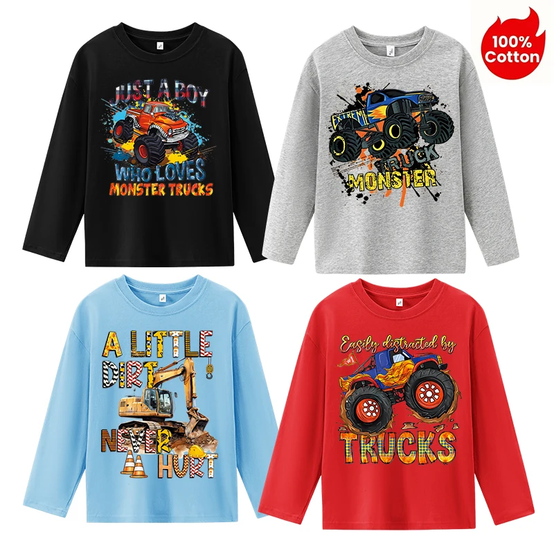 

Fashion children's clothing pure cotton long-sleeved T-shirt soft skin-friendly round-neck top boys excavator printed 4-piece