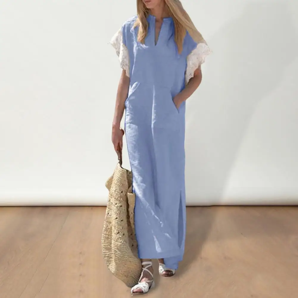 Long Loose Casual Dress Bohemian Style Retro A-line Maxi Dress with V Neck Lace Cuffs Side Pockets Women's Summer Fashion Slip