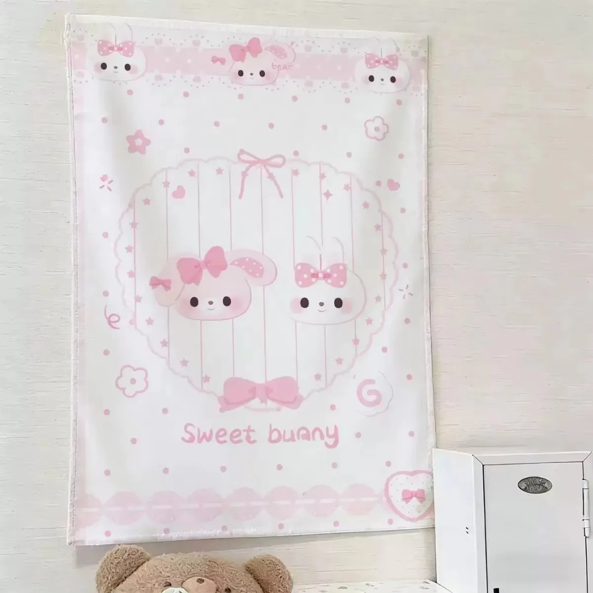 Kawaii Pink Bunny Tapestry, Sweet Dessert Rabbit Wall Hanging, Pastel Polka Dot Background Cloth for Bedroom Dorm