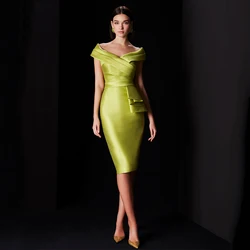 Column Mother of the Bride Dress Knee Length Off the Shoulder Satin Wedding Guest Gowns for Women V Neck Bud Green Party Dresses