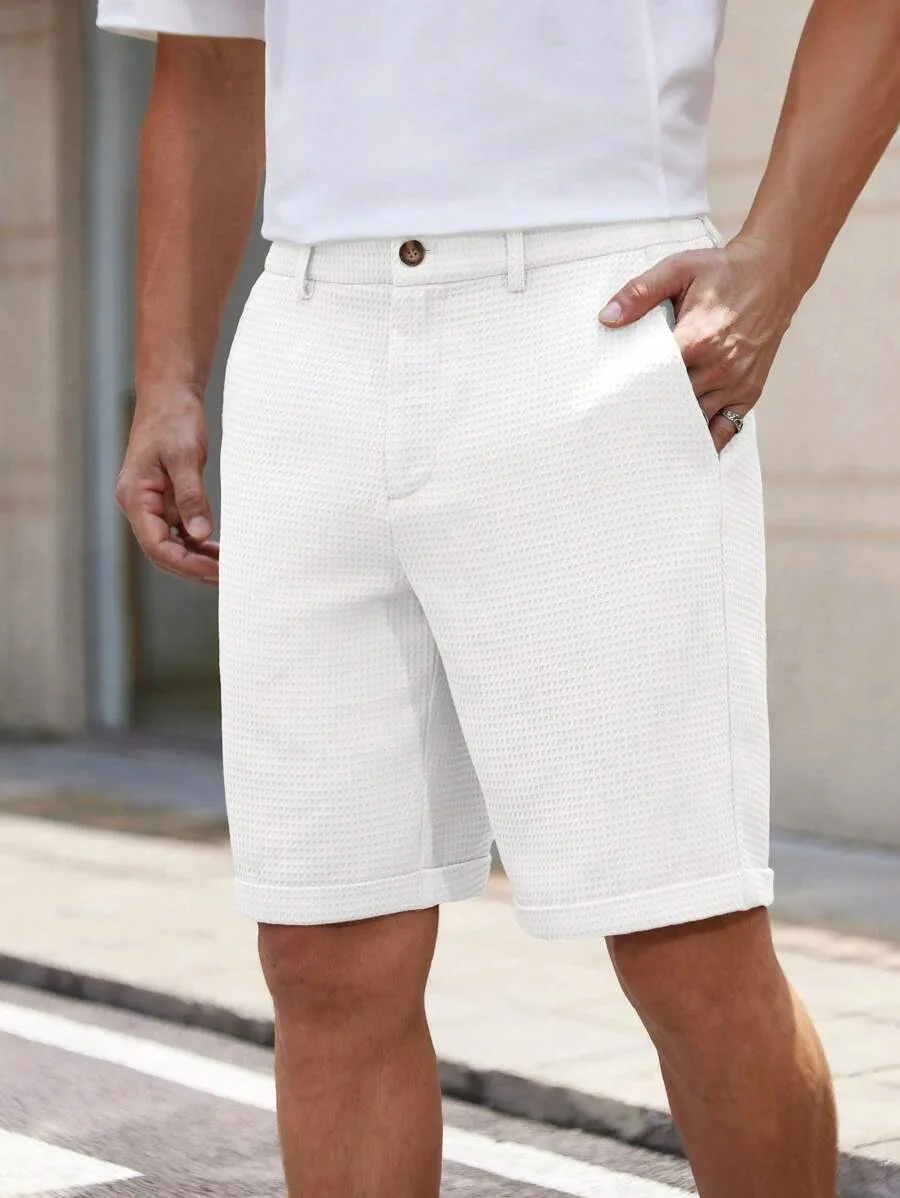 Men's Solid Color Waffle Knit Shorts Casual Knee-Length Chino Pants with Pockets Summer Fashion Mid Waist Rolled Cuff 4 Colors