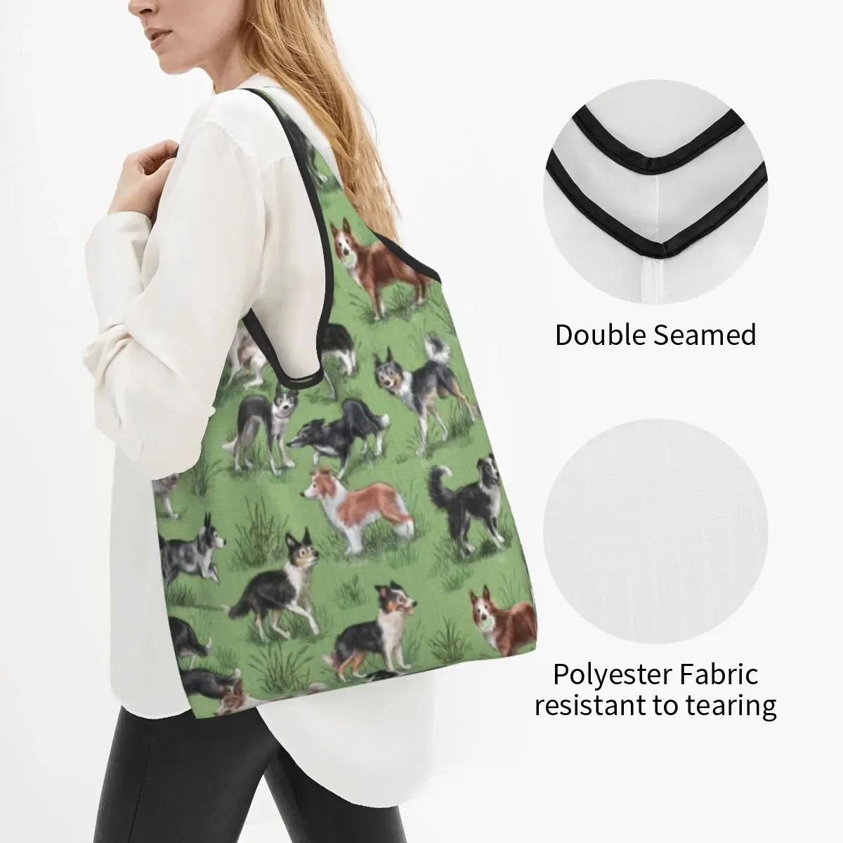 Kawaii Print Kawaii Border Collie Dog Tote Shopping Bags Portable Shoulder Shopper Pet Animal Handbag