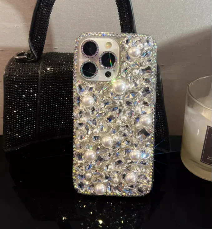 Silver Color Glitter Diamond Case For iPhone 11 12 13 14 15 16 Pro Max 16 Plus XS XR Fashion Rhinestone Pearls Shiny Back Cover