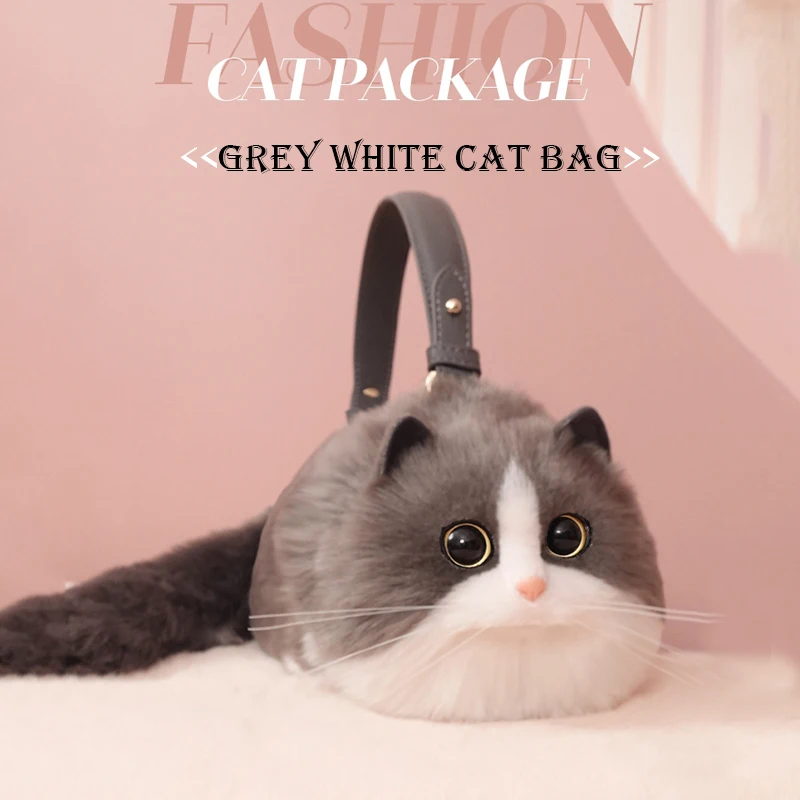 Saco de gato feito à mão de alta qualidade cinza e branco saco de gato de pelúcia grande capacidade bolsa cross-corpo disponível para bolsa feminina