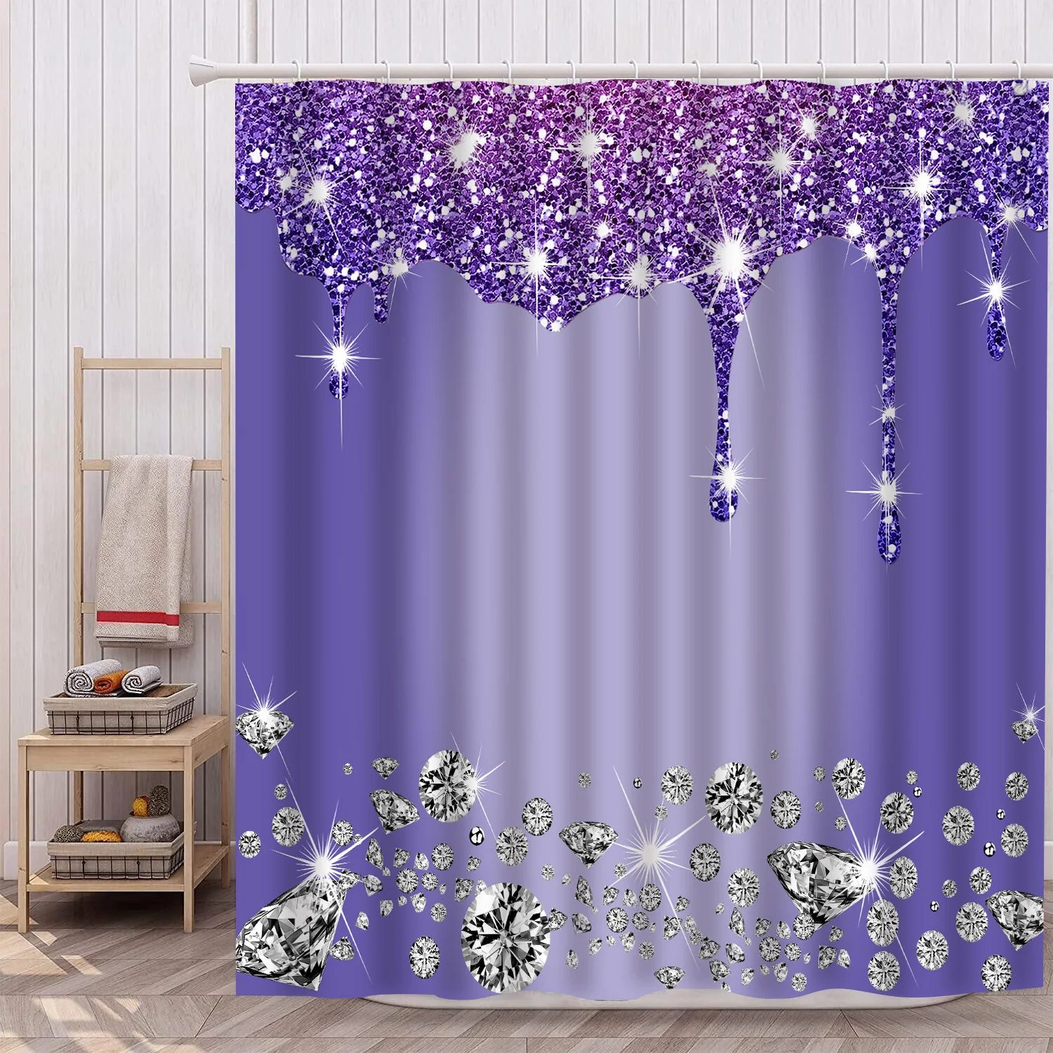 1Pc Sparkling diamond waterproof shower curtain, elegant luxurious bathroom decor, 12 plastic hooks.