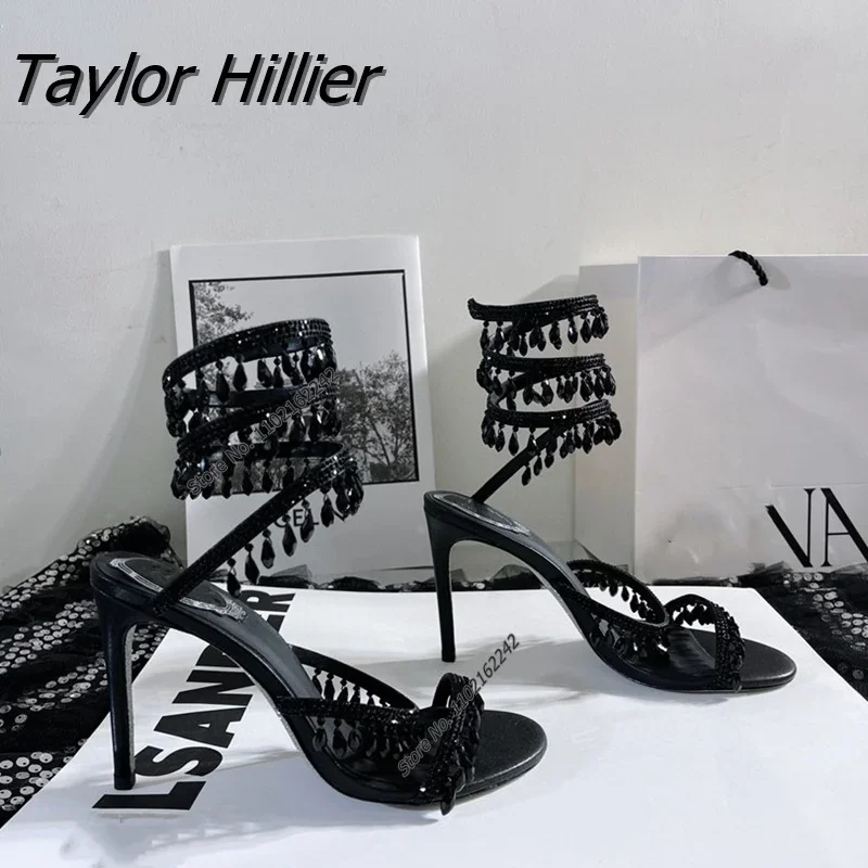 

Winding High Heels Crystal Open Toe Round Toe Sandals Women'S Stiletto Rhinestone Blingbling Wedding Shoes Party Banquet