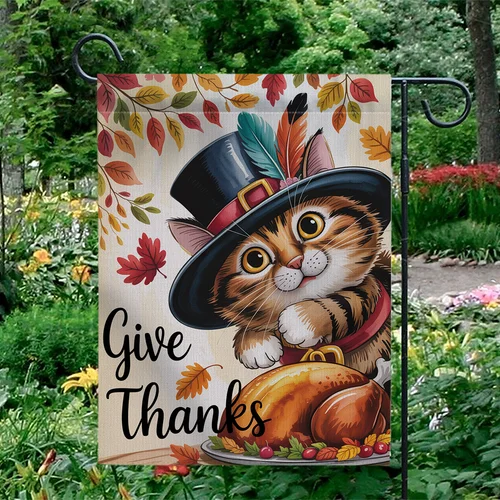 أعط شكرًا لحديقة القطط - كيتي رائعة في قبعة الحاج لتزيين ساحة الخريف JJE