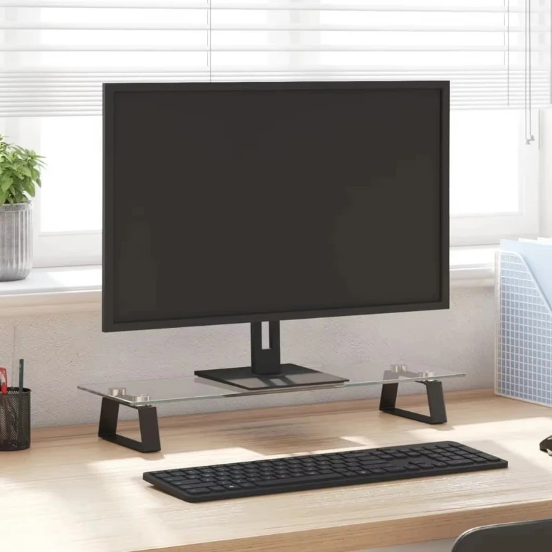 Black 23.6 "x7.9" x3.1 "Tempered Glass and Metal Display Stand Arm