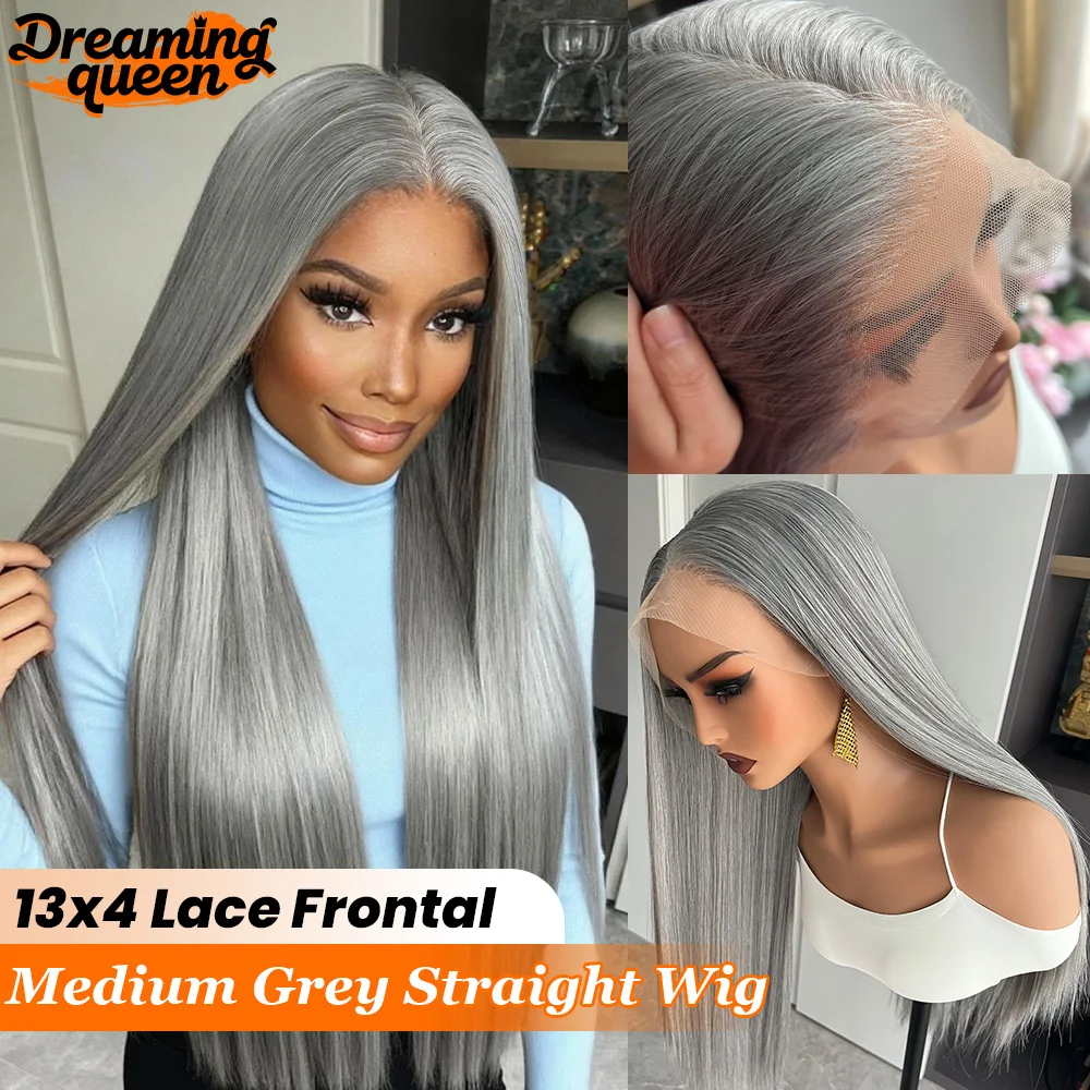 

13x4 кружевной фронтальный прямой парик с натуральной линией волос, синтетический парик среднего серого цвета для чернокожих женщин, плотность 180%, отбеленные узлы