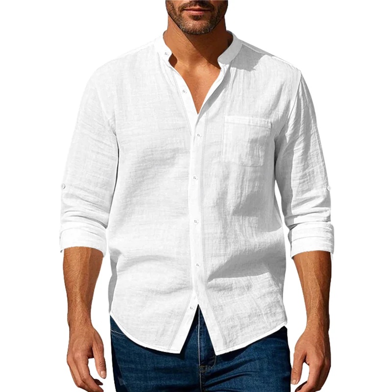 

Men Cotton Linen Shirt Long Sleeve Collarless Casual Button Down Shirt Breathable Beach Tops