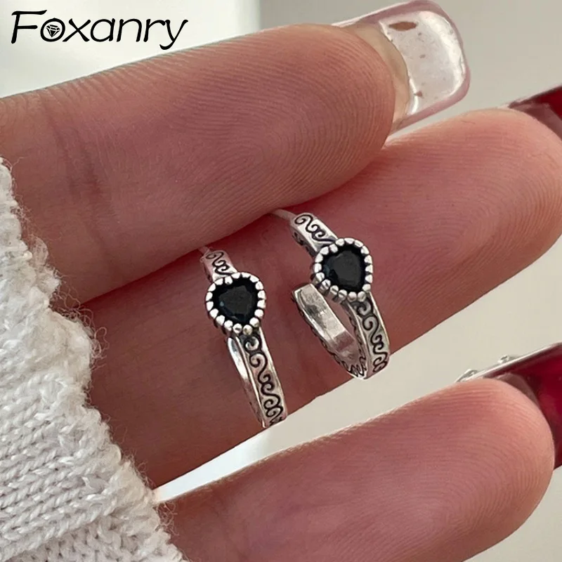 Foxanry Black Zircon Love Heart Stud Earrings For Women Girls Vintage Trendy Personality Temperament Hip Hop Birthday Jewelry