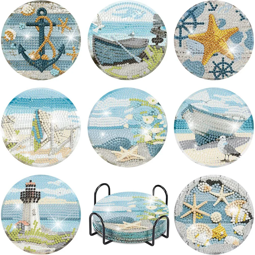 

8pcs Diamond Painting Coaster Summer Beach Diamond Art Coaster Kit with Holder for Home Party Decor Gift