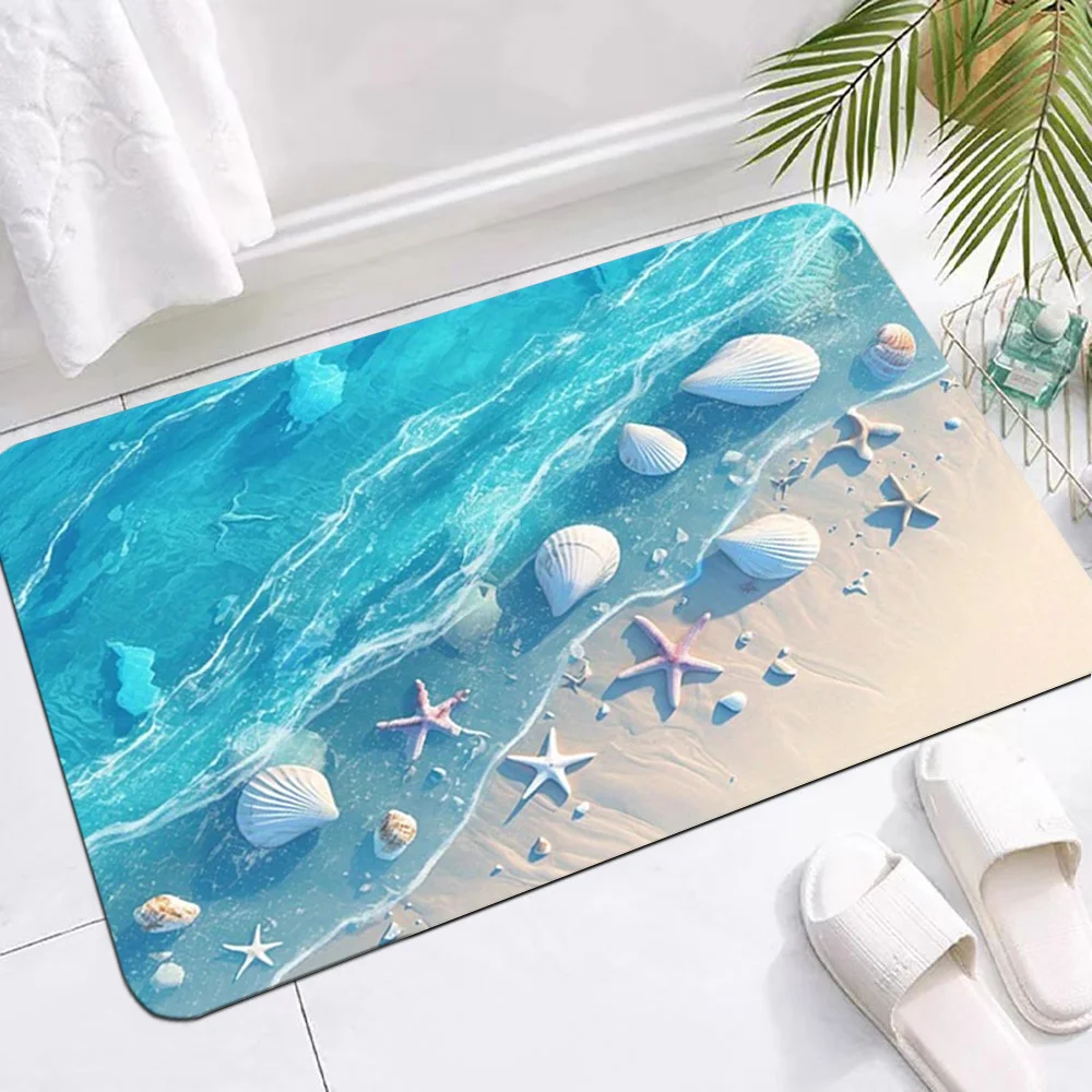 Ocean Wave Rug Velvet Flannel Printed Floor Mat Sea Shell Starfish Design Soft Absorbent Bathroom Carpet Home Decor