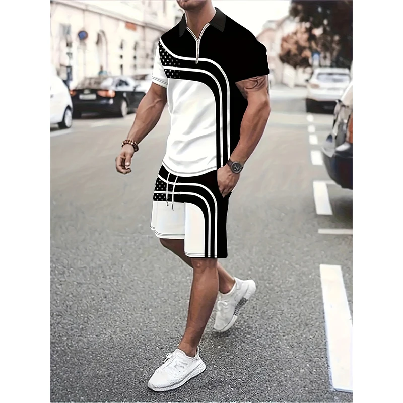 2024 Men\'s Casual Zipper Lapel Top Short Sleeve Oversized Men\'s Loose Suit Summer Casual Breathable Refreshing Sportswear Suit