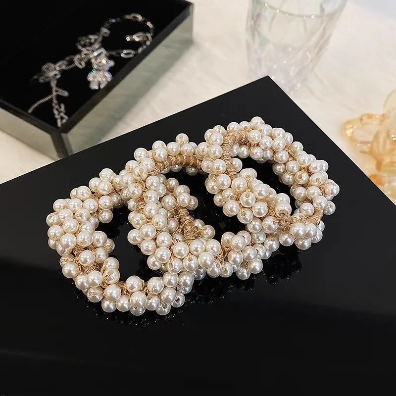 Faux Pearl Beaded Hair Tie Elegant Hair Rope Rhinestone Hair Ring Elastic Ponytail Holder Hair Accessories For Women