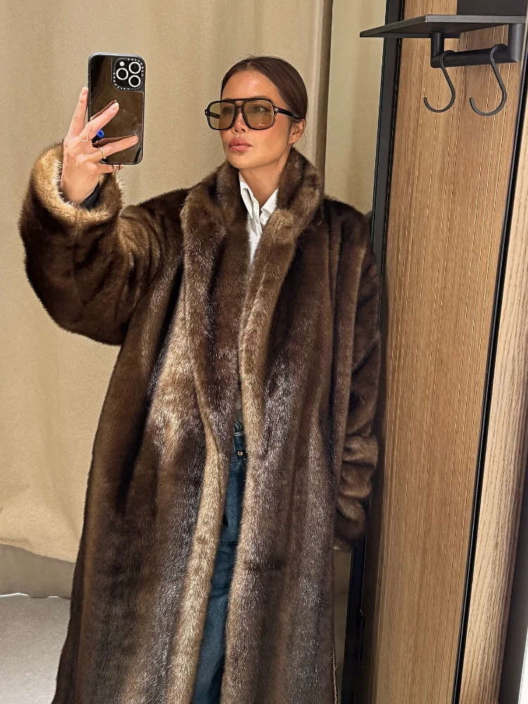 معطف نسائي طويل غير رسمي من الفرو الصناعي فضفاض بلون سادة وأكمام طويلة سترات فروي للسيدات معاطف شتوية دافئة
