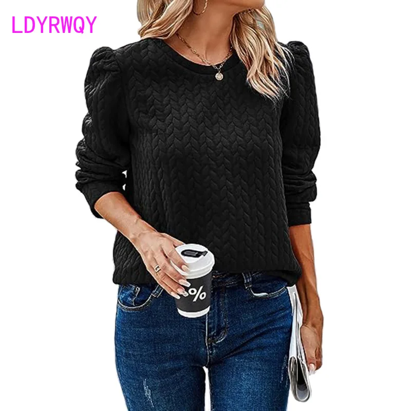 2023 European and American women's autumn and winter new round neck bubble long sleeve top air Fried Dough Twists sweater