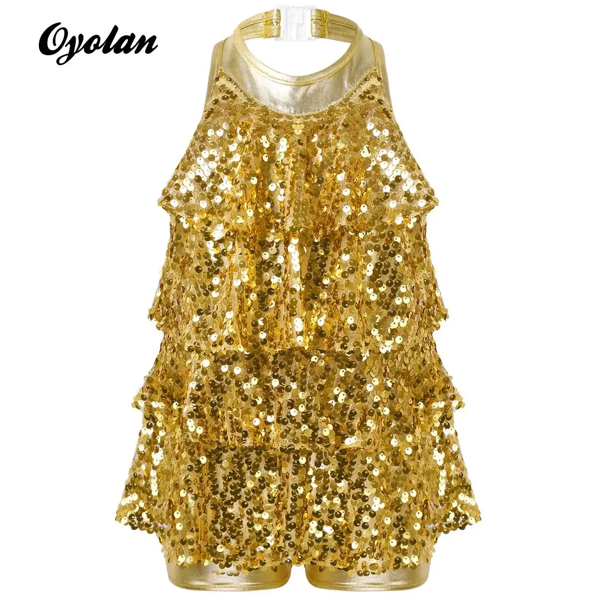 

Kids Girls Halter Shiny Sequins Ballet Jazz Hip Hop Dance Performance Tassel Dress Gymnastics Artistic Skating Shorty Unitards