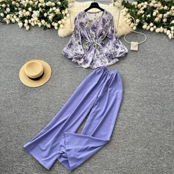 Elegant Long Lantern Sleeves Vintage V-neck Print Bandage Top Chic High Waist Wide Leg Pants High Street Autumn Two-piece Sets