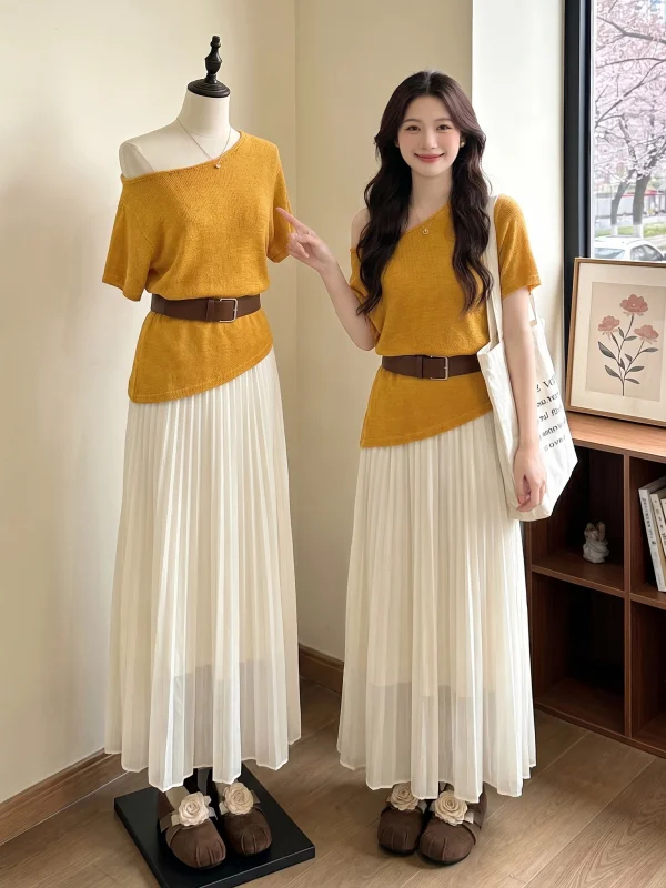

plus Size Women's Fashion Set Summer 2026 Orange Chiffon Pleated Skirt Two-Piece Ensemble Casual Commute Style Universal Fit
