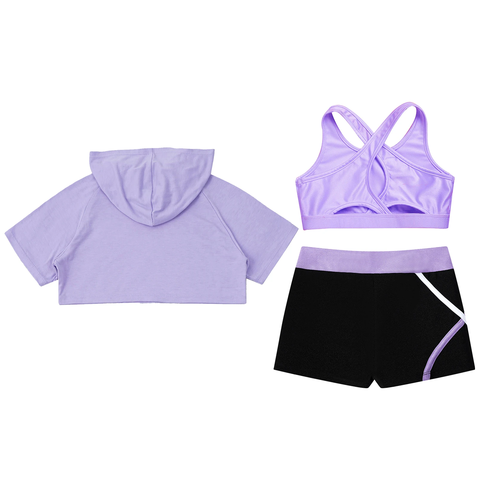 Kids Girls Ballet Dance Sets Sports Gymnastics Outfits Sleeveless Keyhole Back Vest Hooded Crop Top with Shorts Fitness Suits