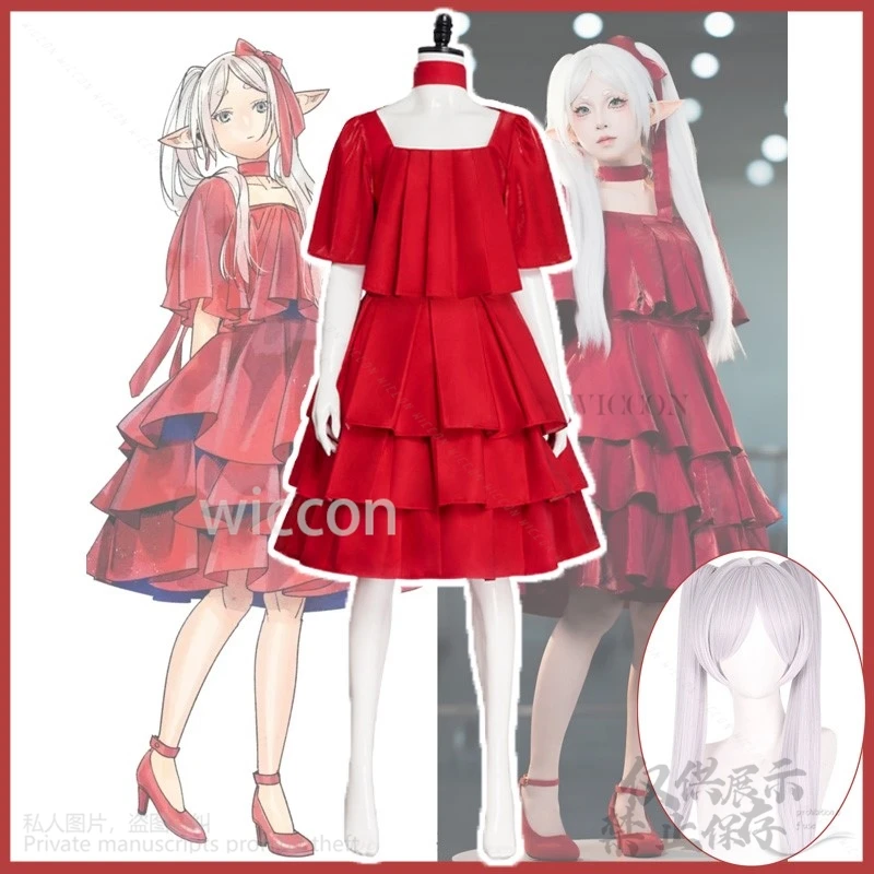 Kostium Frieren Anime Frieren: Beyond Journey's End Cosplay czerwona sukienka wieczorowa Lolita peruki księżniczki na boże narodzenie Cos dostosowane