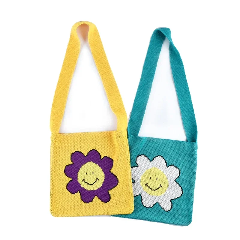 Girls Winter Woolen Smile Face Cute Handbag Female Teenager Japanese Kawaii Casual Knitting Sweater Yellow Open Slouch Sling Bag