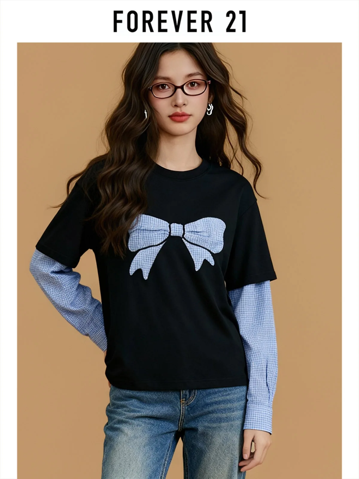 

Forever 2 Knot Plaid Patchwork Loose Long Sve T-irt Spring Blue Top Women's plus Size Casual Faion