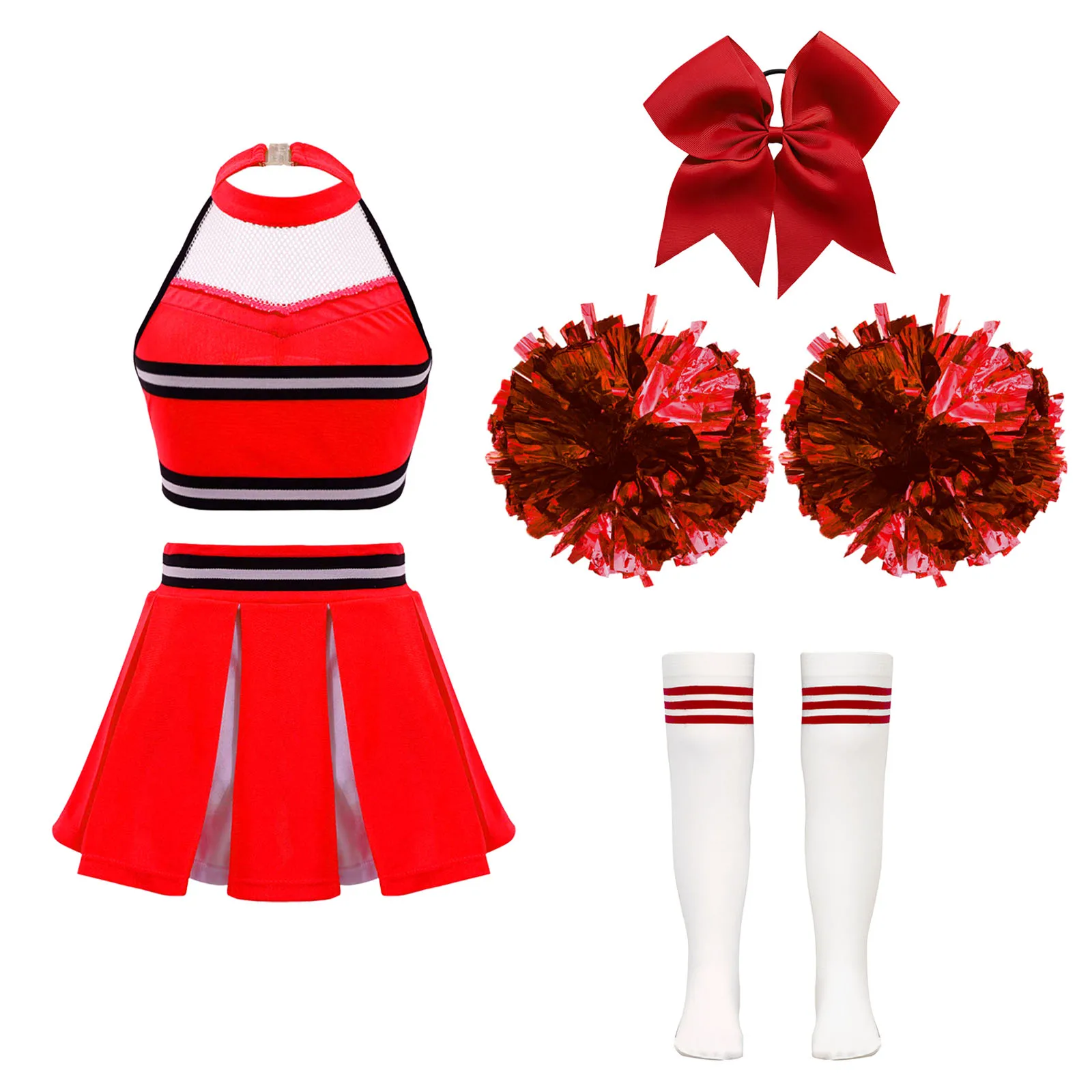 Kids Girls Cheerleading Costume Schoolgirls Sleeveless Crop Top Pleated Skirt Dancewear Headwear Cheerleader Performance Uniform