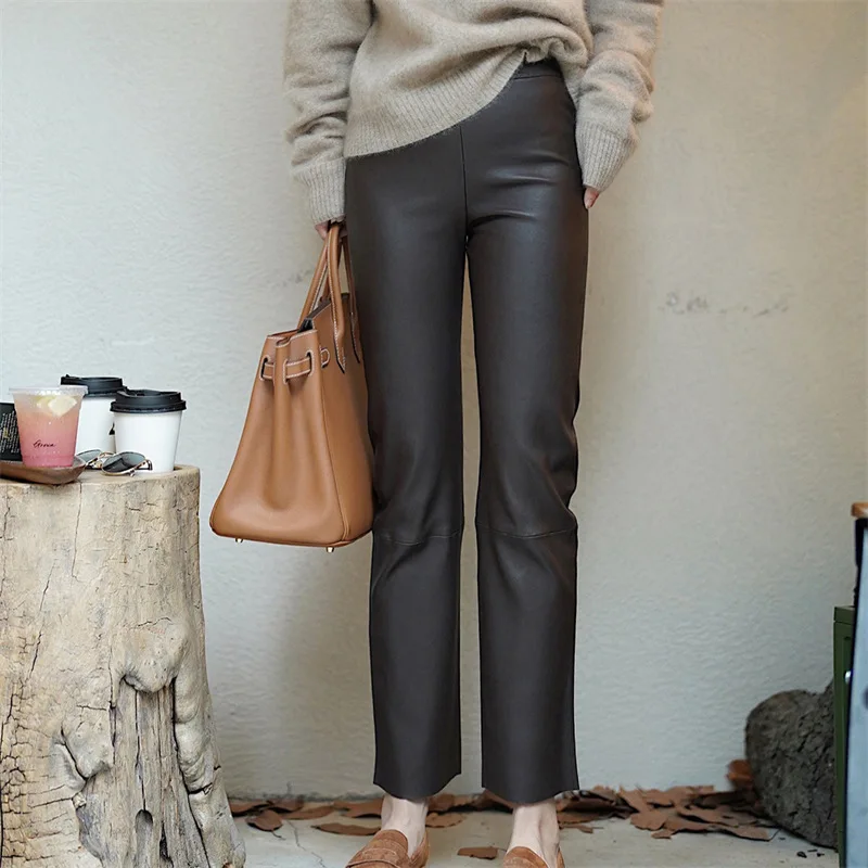 Leather Pants Women New Simple Casual Elastic Waist Slim Straight Pantalon Femme Korean Fashion Elastic Force Sheepskin Trousers