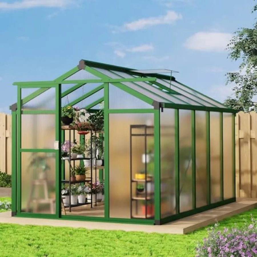 Heavy-Duty Polycarbonate Walk-in House with Sturdy Aluminum Frame, Gray, Roof Vent and Lockable Door for Outdoor Garden Canopy