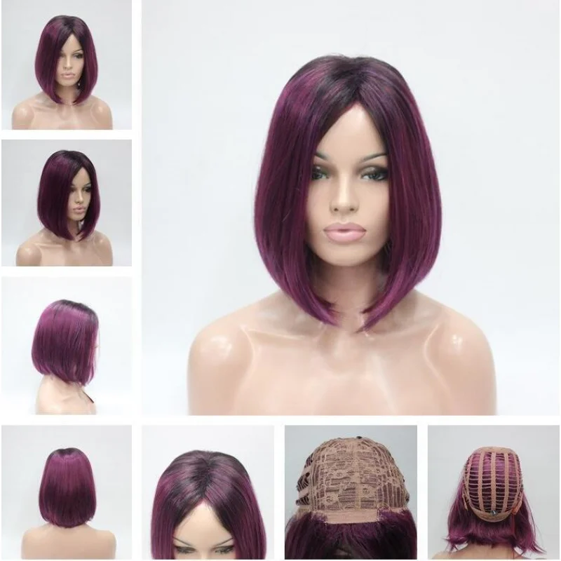 

Ladies Wig Natural Short Straight Hair Wig Light Purple Women Wig+Wig Cap