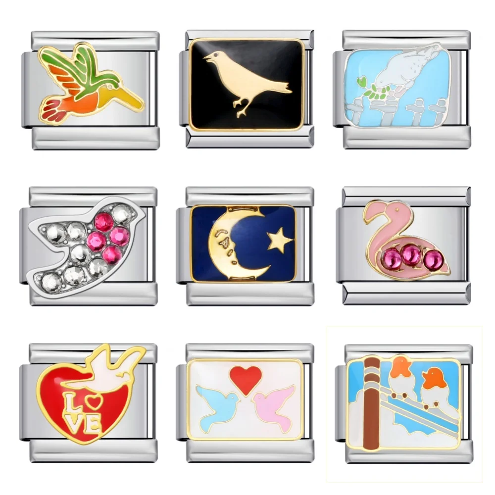 URING Classic Y2K Charm Bracelet Wild Goose Birds Pigeons Italian Link Fit 9mm Stainless Steel DIY Jewelry Making Beads Gifts