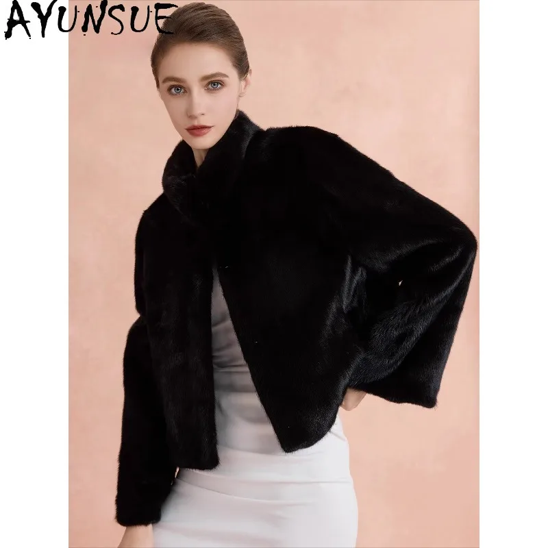AYUNSUE 여성용 전체 밍크 퍼 코트 럭셔리 퍼 재킷 스탠드 칼라 퍼 코트 여성 의류 겨울 신상 아우터웨어