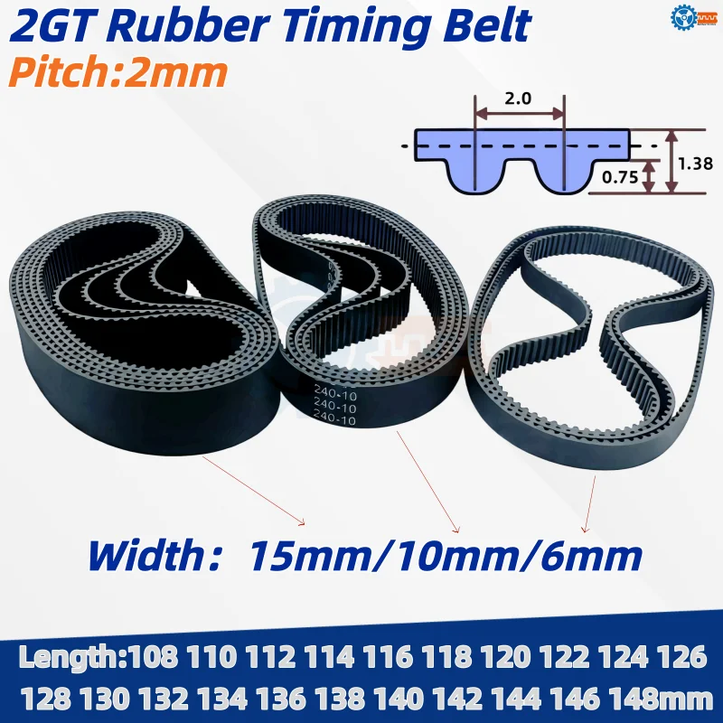 2GT Rubber Timing Belt Length 108 110 112 114 116 136 138 140 142 146 148mm Width 6/10mm 3D Printer CNC Drive Belt Assortmen Kit