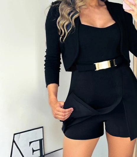 Completo da 2 pezzi con decorazione in metallo, collo quadrato, senza maniche, vita stretta, tuta a gamba larga e set di cardigan corto casual