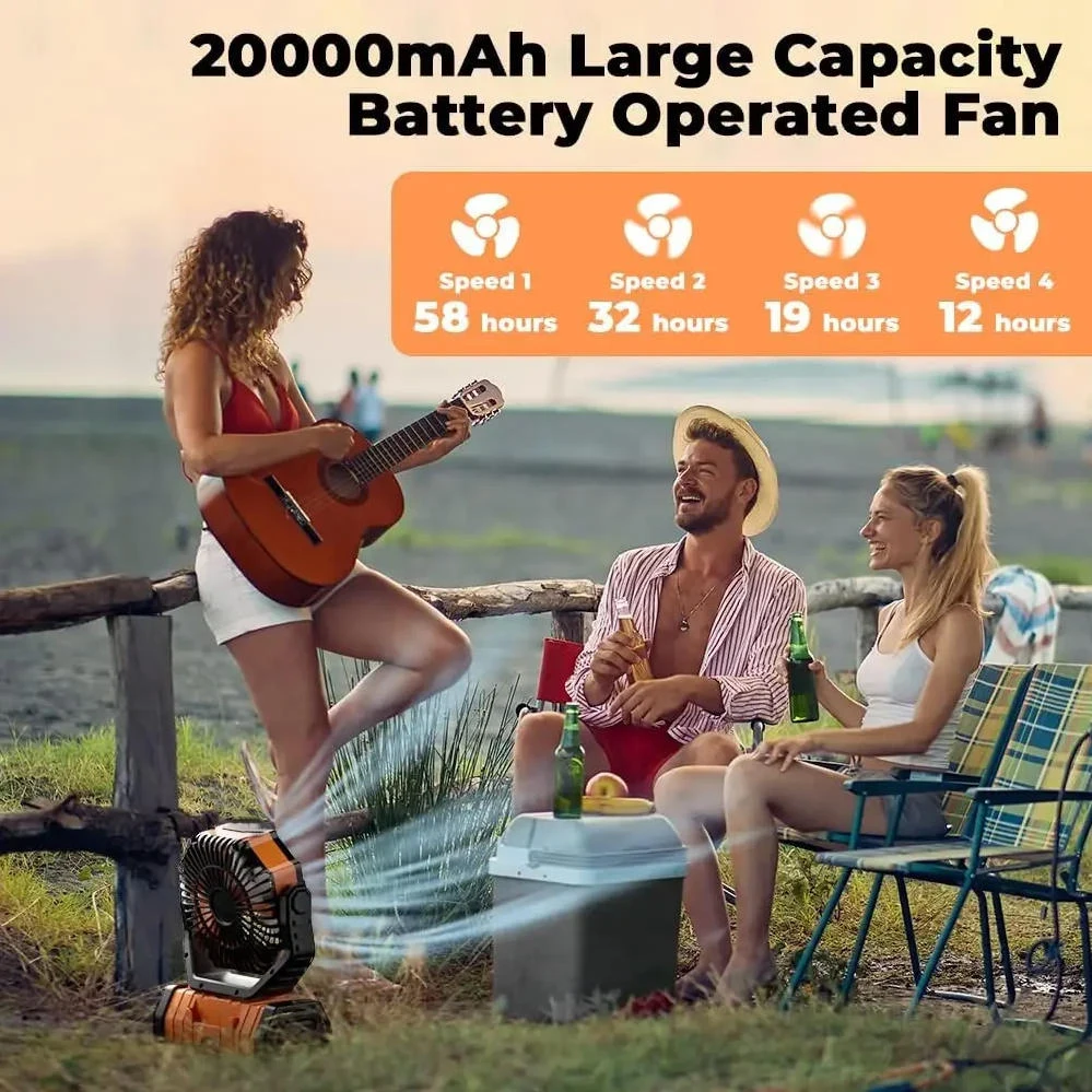 20000mAh Battery Operated Fan Portable Rechargeable Desk/Camping Fan with LED Light and Hook Outdoor Fan for Tent Car Trip