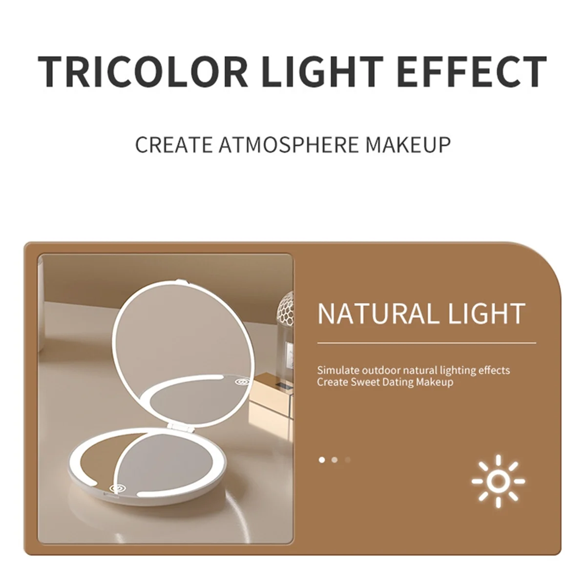 Espejo de maquillaje LED compacto de viaje, espejos de iluminación plegables pequeños recargables de 3 colores, batería integrada de 600 Mah