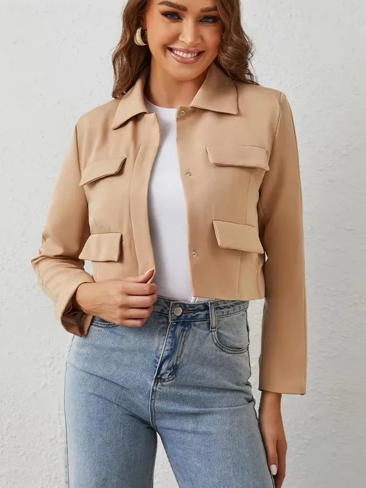 2024 Women\'s Red + Black Jacket Solid Turn Down Collar Long Sleeve Cropped Tops Female Fashion Versatile Chic Coat Trendy