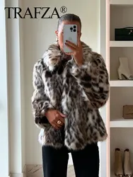 TRAFZA Winter Woman Leopard Print Faux Fur Coat Lapel Long Sleeves Loose Cardigan Top Female Elegant Street Women's Warm Coats