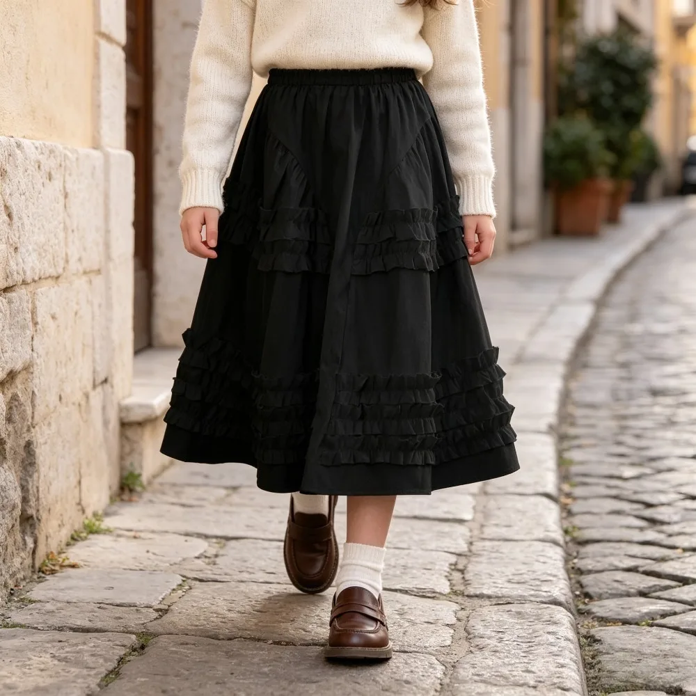 Teen Girls Ruffle Long Skirt Tiered Trim Smocked Waist Flowy Ankle Length Bottom Kids Vintage Sweet Black White Party Daily Wear