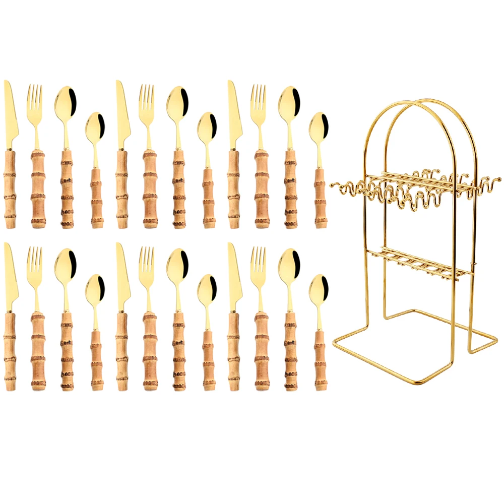 

Набор столовых приборов из бамбука и нержавеющей стали, 24 шт.