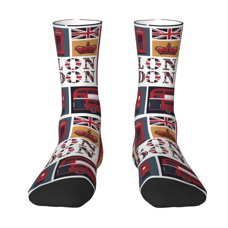 Kawaii Mens Vintage London Red Bus Telephone Booth Dress Socks Unisex Breathbale Warm 3D Print British Style Crew Socks