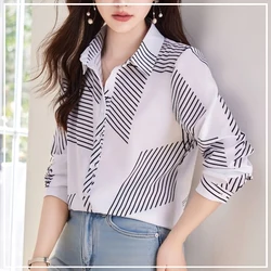 2024 New Spring and Autumn Retro Western Commuting Simple Fashion Stripe Print Loose Casual Long Sleeved Polo Shirt for Women