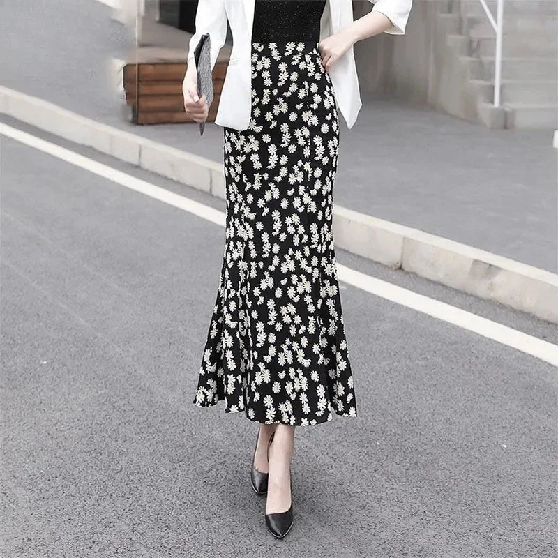 

Daisy Printing Fishtail Skirt Women Thin Summer Bottoms Fashion Slim Chiffon Skirts Mom Elastic High Waist Long Faldas Z588