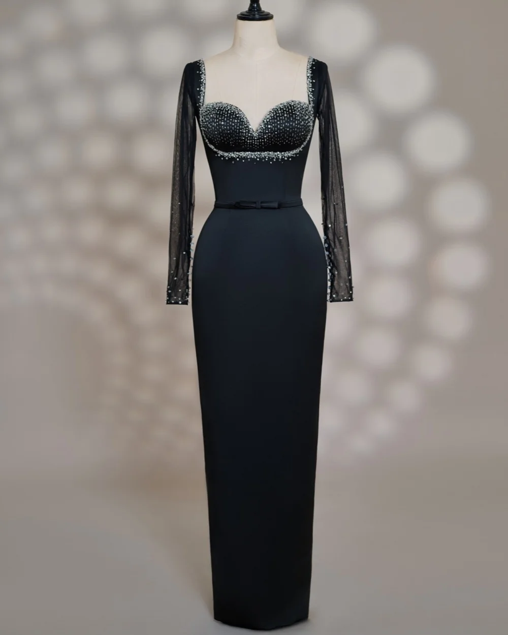 

Customized Fashion Women Jersey Rhinestone Pleat Straight Evening Dresses Elegant Square Neck Long Sleeves Ankle Length Dresses