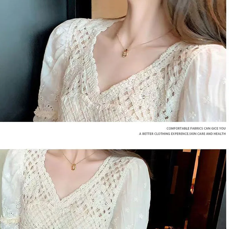 2023 Summer New France Style V-neck Women\'s Clothing Solid Color Round Neck Lace Patchwork Tops Women Fashion Hollow T-shirt