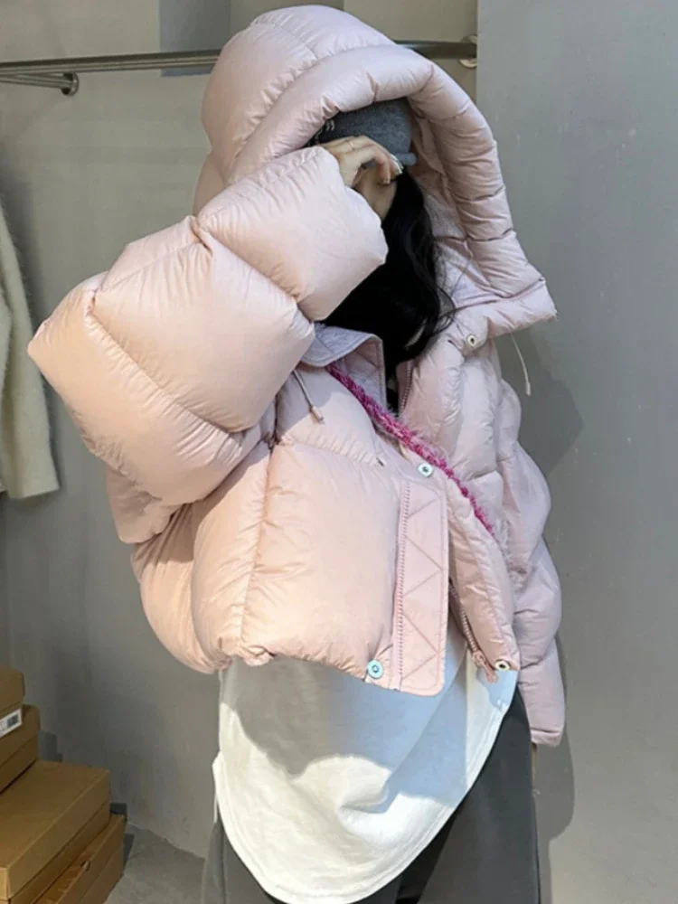 Short Down Jacket for Women, Fog Feeling Light Down Hooded Warm Bread Clothing Fluffy Puffer Jacket American Winter Fashion New