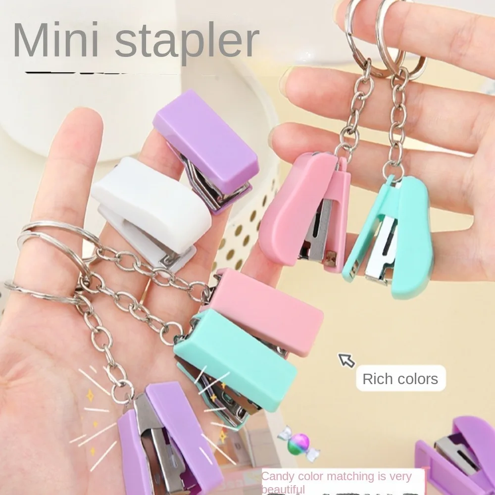 Solid Color Cute Portable Mini Keychain Stapler Paper Binder Stationery Small Paper Staples Office Binding Tool School Supplies