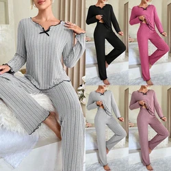 Women Pajamas 2 Piece Women's Pit Stripe Knit Long-sleeved V-Neck Top Trousers Suit Winter Casual Warming Nightwear Home Clothes